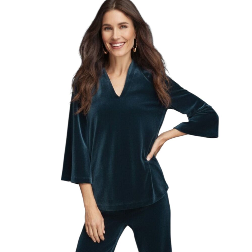 Chico's Travelers Dark Green Velvet Kimono Sleeve V-Neck Top Size 3 XL
